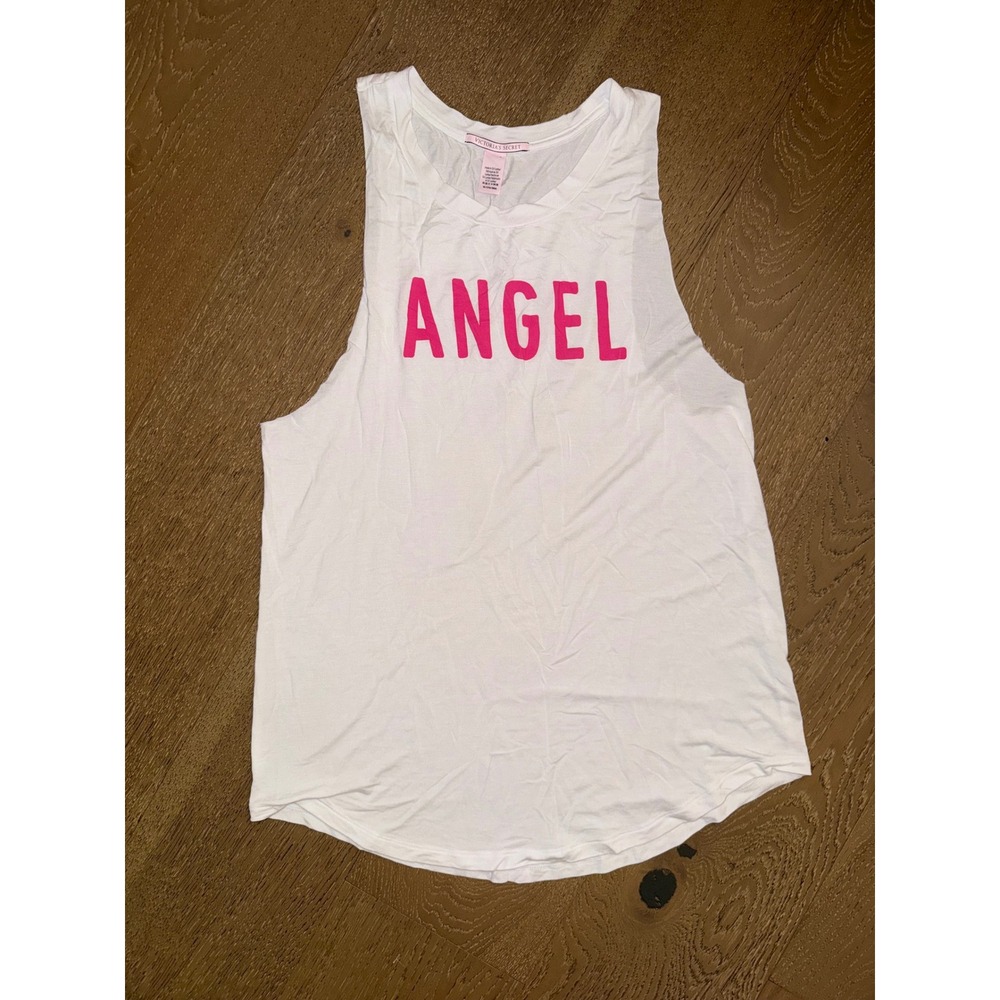 Victoria's Secret Angel Muscle Tank Top White Pink Graphic Sleeveless Medium